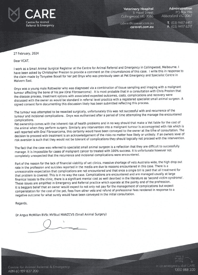Expert Dr Angus comments Onyx for VCAT